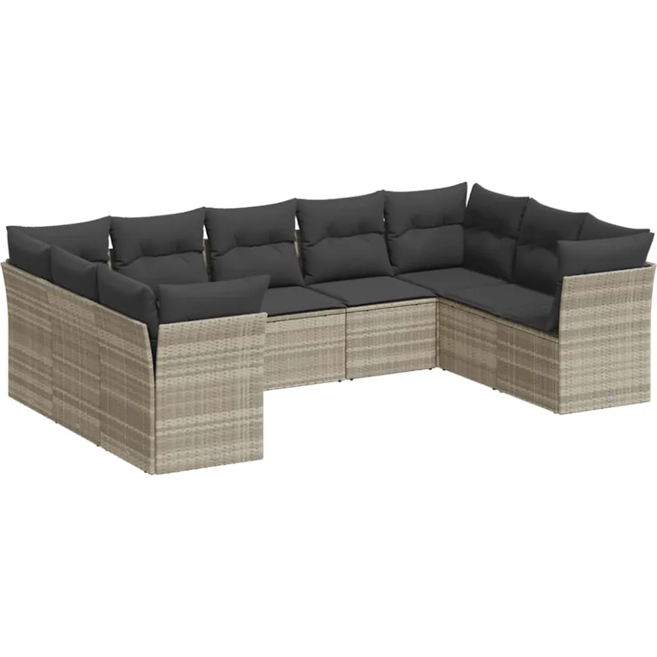 vidaXL 9-delige Loungeset met kussens poly rattan lichtgrijs grijs, foto 3