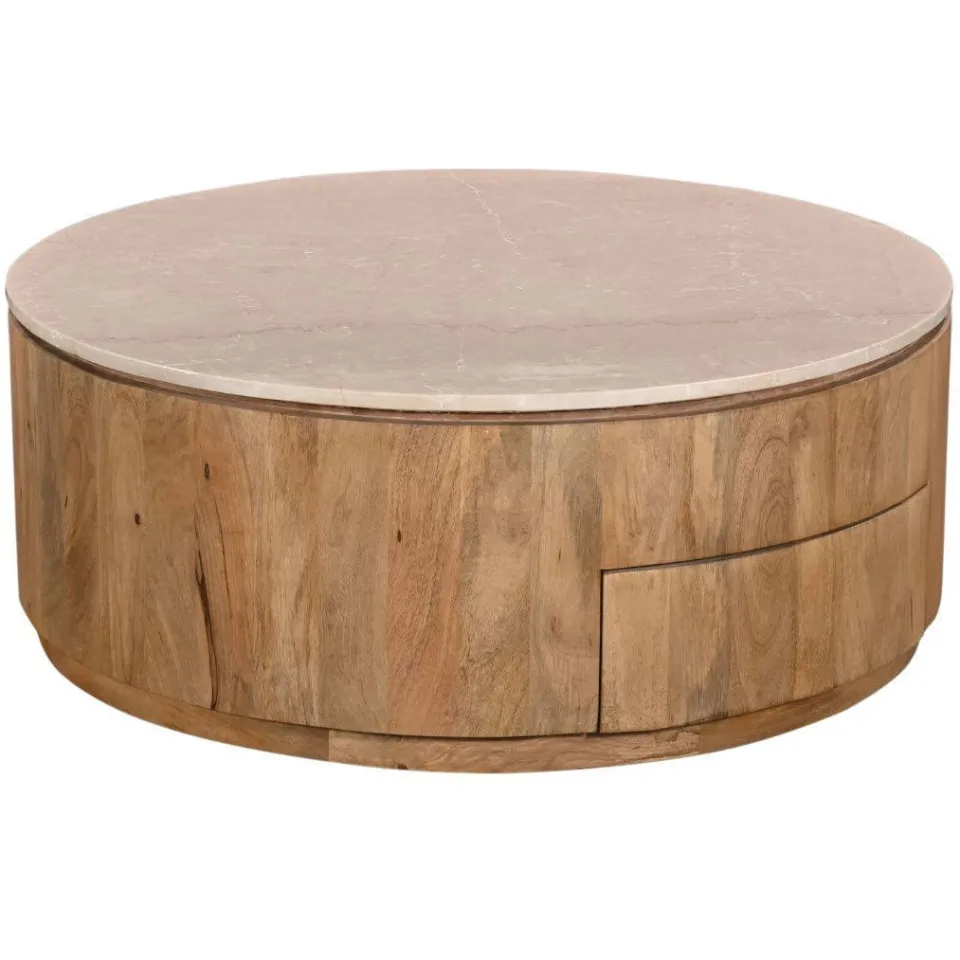 Giga Meubel Salontafel Elan Rond - Travertin - Naturel - 90x90x35cm - Incl. Lades, foto 3