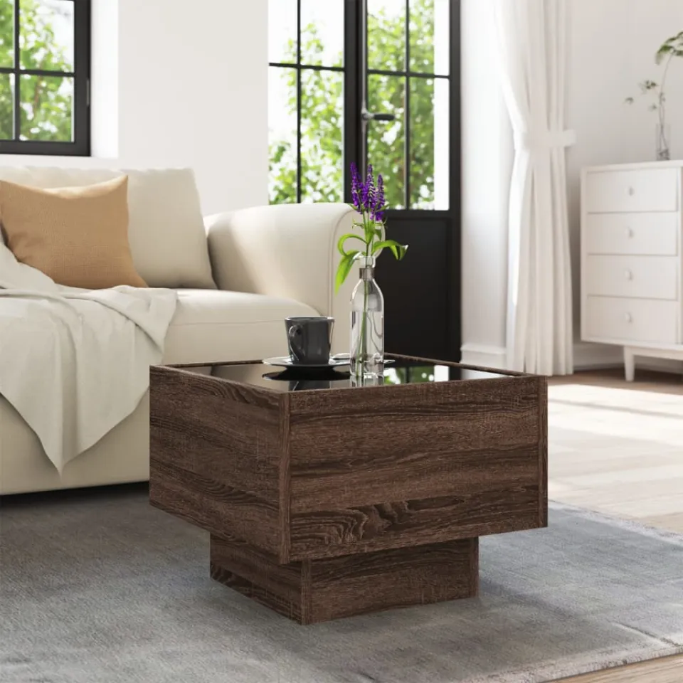 vidaXL Bijzettafel met LED 40x40x30 cm bewerkt hout bruin eikenkleur, foto 3