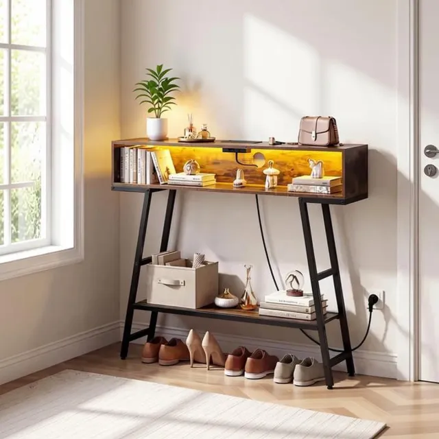 J.T.R Consoletafel met 3-laags oplaadstation en opbergruimte, haltafel woonkamertafel entreetafel 100x20x86,5cm bruin.