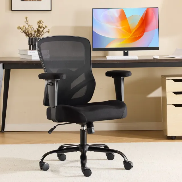 DESMIU Bureaustoel 61 x 28 x 58 cm - Ergonomisch met 2D Armleuningen en Verstelbare Lendensteun - Voor Kantoor en Thuiswerk - Stof en Mesh Zwart
