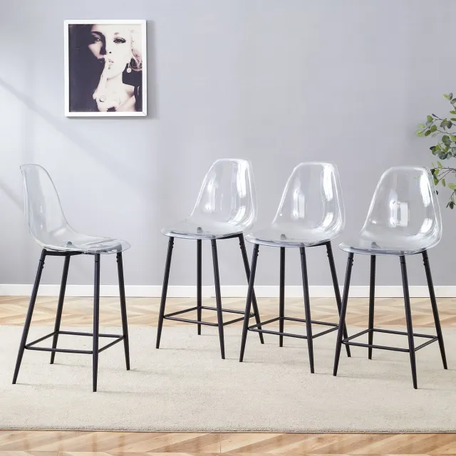 DESMIU Barkruk Set Van 4 - Transparante Zitting Met Zwarte Metalen Poten En Rugleuning - Voor Keuken En Bar - Kunststof - Zwart