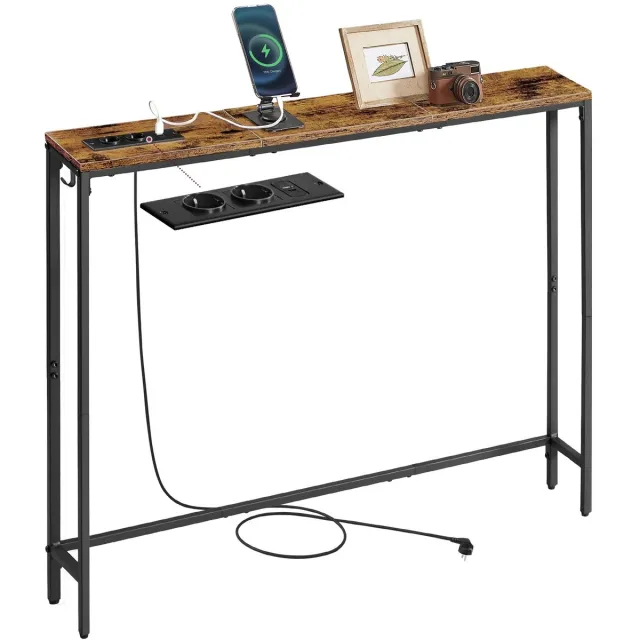 House of Balance Wandtafel - Console Tafel Industrieel Design met Laadstations USB-A, USB-C en 2 Stopcontacten - Smalle Haltafel - Hout en Staal - 100x15x80 cm – Hal en Woonkamer Bruin