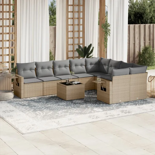 vidaXL 10-delige Loungeset met kussens poly rattan beige, foto 2