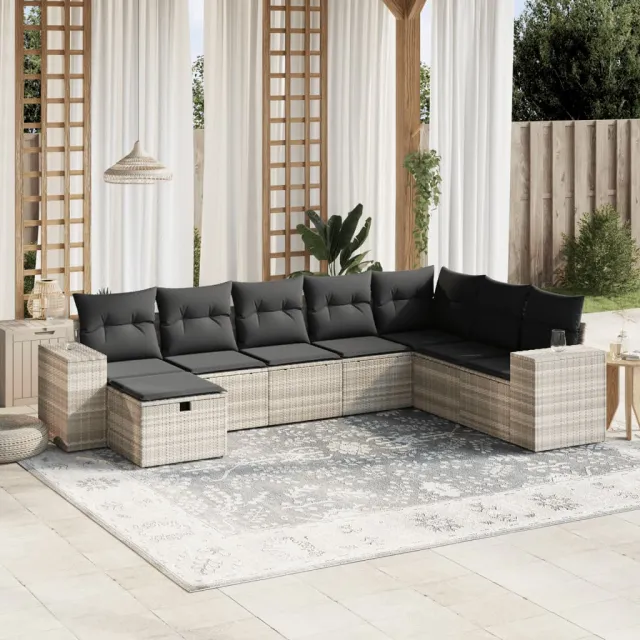 vidaXL 8-delige Loungeset met kussens poly rattan lichtgrijs grijs, foto 2