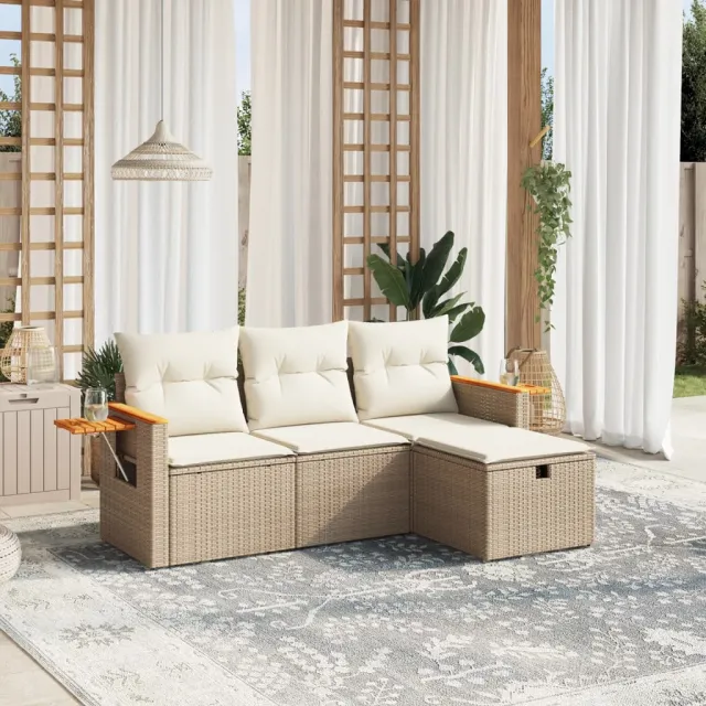vidaXL 4-delige Loungeset met kussens poly rattan beige, foto 2