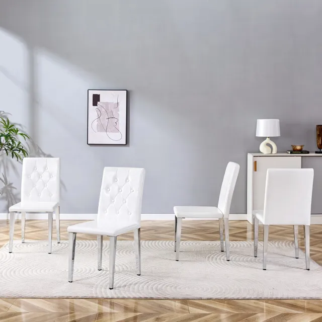 REDOM Eetkamerstoelen Set Van 4 - Gewatteerde Rugleuning - Modern - Metaal En Kunstleer - Wit En Zilver Wit + Zilver