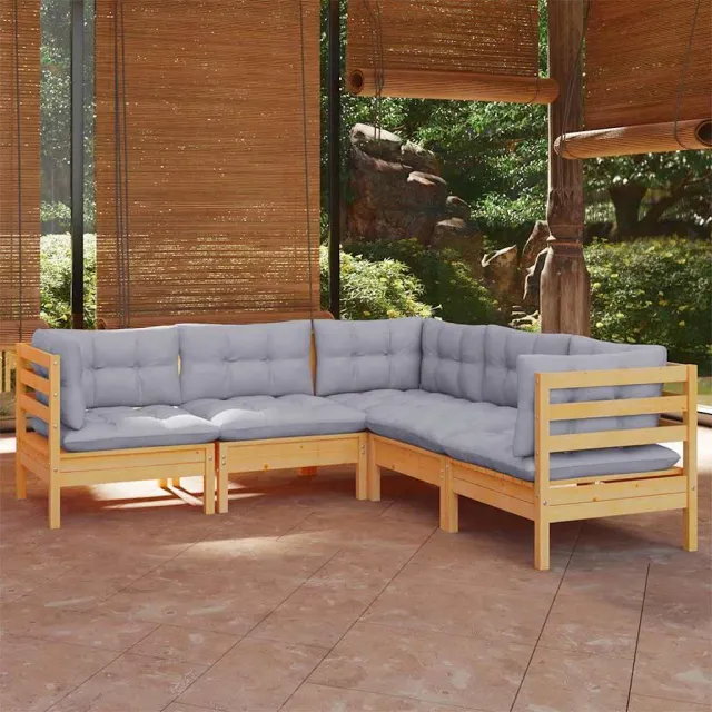 vidaXL 5-delige Loungeset met grijze kussens massief grenenhout Grijs