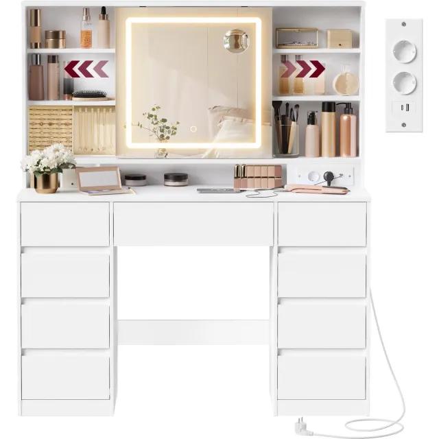 Vasagle Kaptafel - Make up Tafel - Kaptafel met Spiegel en LED-Verlichting - 9 Lades - Stopcontact - Verstelbare Planken Wolkenwit