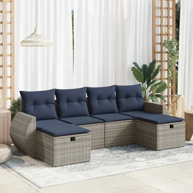 vidaXL 6-delige Loungeset met kussens poly rattan grijs, foto 2