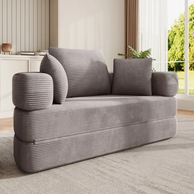 MODENUIT Slaapbank 173 x 176 cm - 2-in-1 Met 3 Kussens - Woonkamer En Logeerkamer - Cord Grijsbruin Bruin grijs