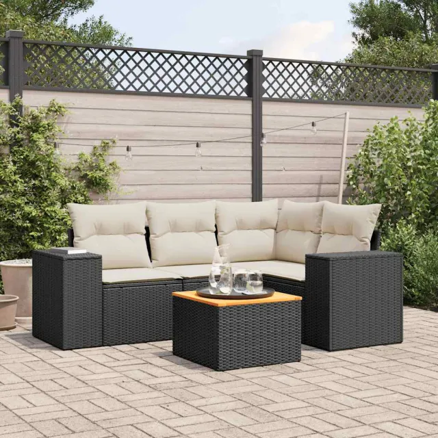 vidaXL 5-delige Loungeset met kussens poly rattan zwart, foto 2