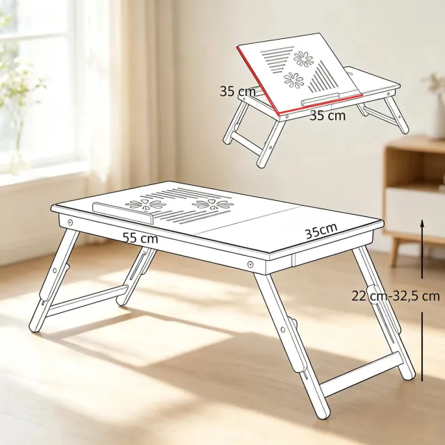 FloraGrace Bedtafel - Opklapbaar Hoogteverstelbaar En Kantelbaar Met Lade - Voor Bed En Bank - Bamboe - Naturel - 55 X 35 Cm