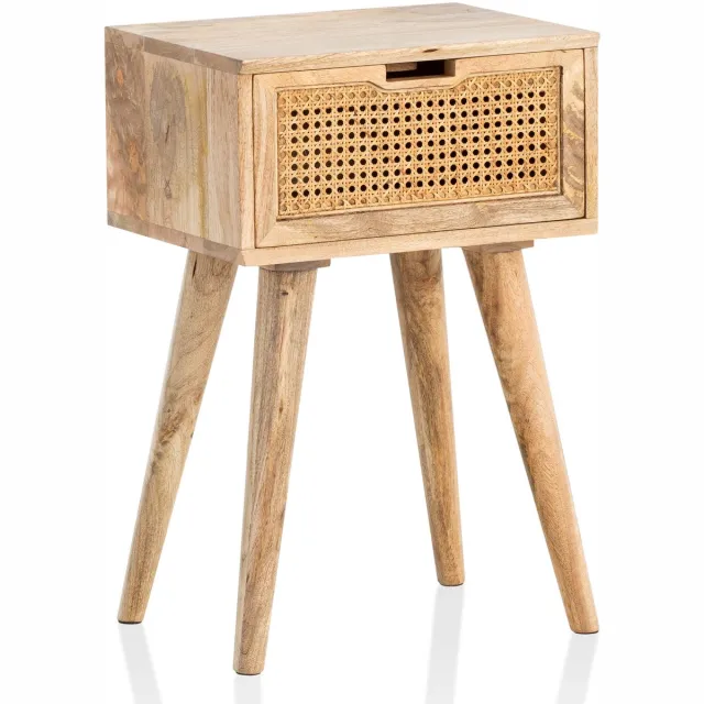 Ervesto Nachtkastje Mango Massief Hout WL6.807 - Nachtkastje - Bijzettafel - Bruin Rotan Lade - 40x60x30 Cm - Handgemaakt - Voor Boxspringbed