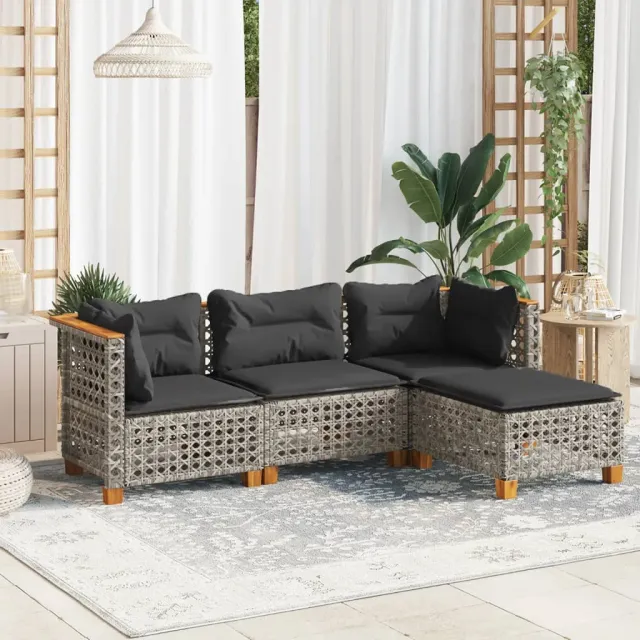 vidaXL 4-delige Loungeset met kussens poly rattan grijs, foto 2