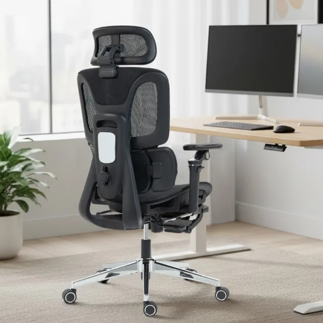 MEUNIQ ergonomische bureaustoel 71 x 67 x 133 cm met verstelbare hoofdsteun, lendensteun, 6D armleuningen, voetsteun, mesh rugleuning en 135° kanteling Zwart