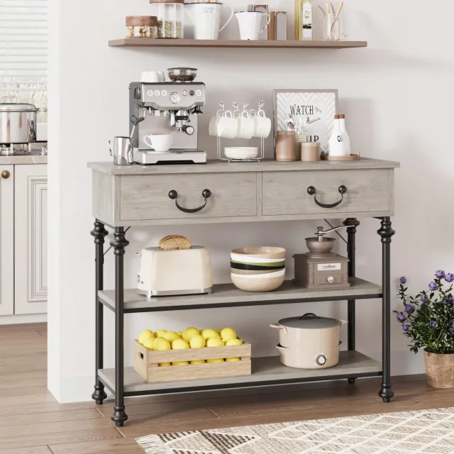 Danky Industriële Sidetable 100 cm - Smalle Consoletafel met 2 Laden & 2 Open Planken - Wandtafel voor Gang & Woonkamer - Vintage Houtlook - Zwart & grijs