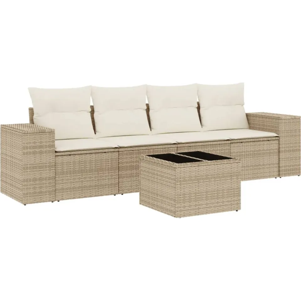 vidaXL 5-delige Loungeset met kussens poly rattan beige, foto 4