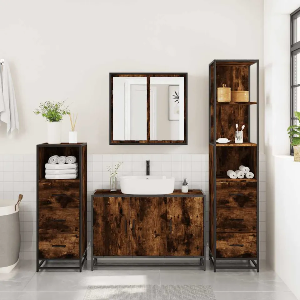 vidaXL 4-delige Badkamermeubelset bewerkt hout gerookt eikenkleurig, foto 3