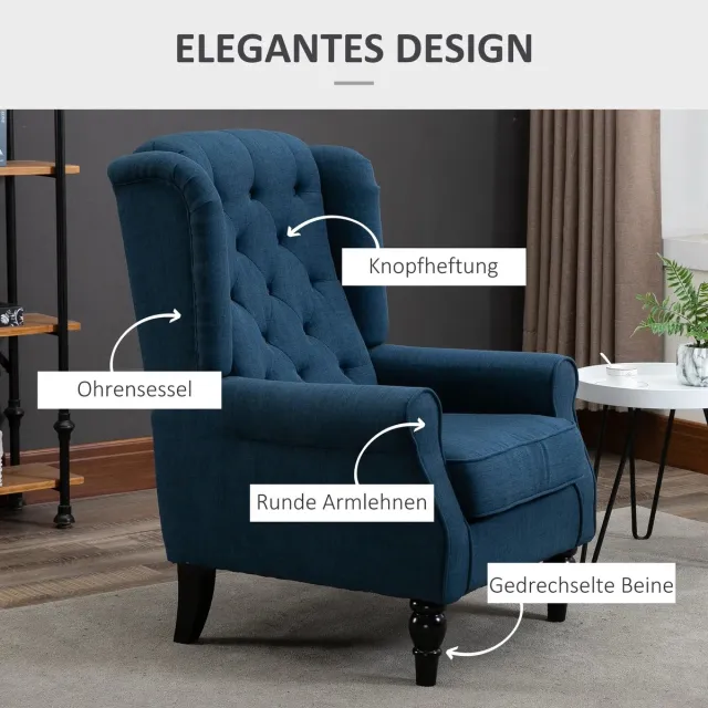 HAUSS SPOLE Fauteuil - Klassieke Ohrensessel Met Hoge Rugleuning En Gecapitonneerde Rug - Voor Woonkamer En Slaapkamer - Blauw Stof