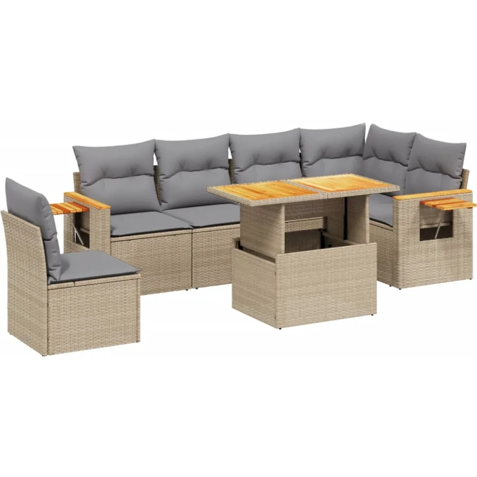 vidaXL 7-delige Loungeset met kussens poly rattan beige, foto 3