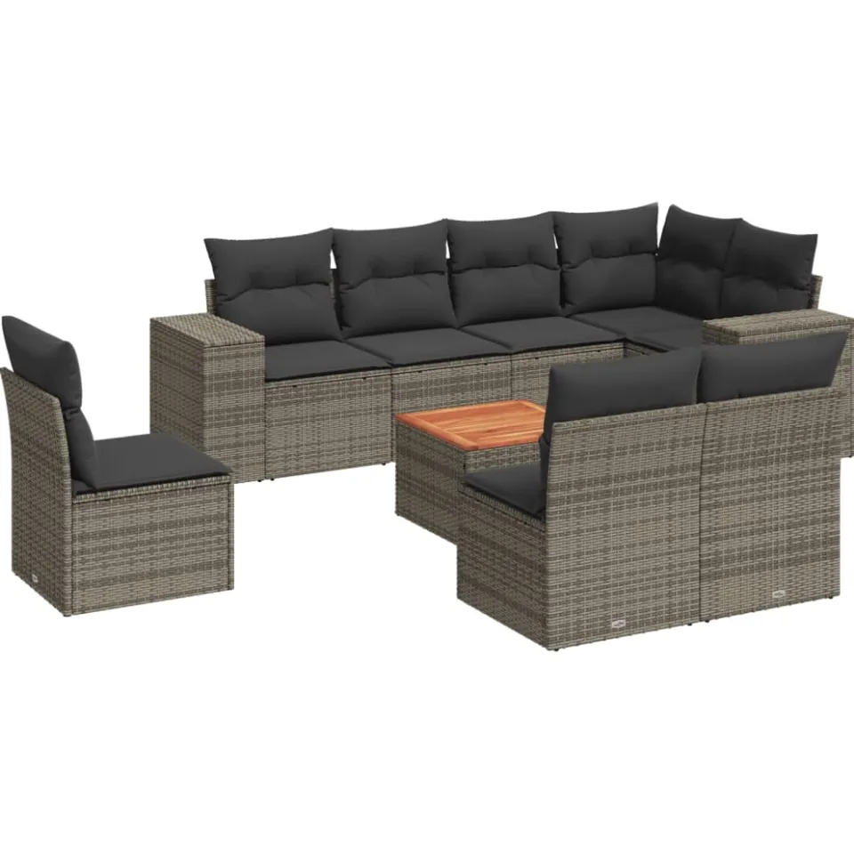 vidaXL 9-delige Loungeset met kussens poly rattan grijs