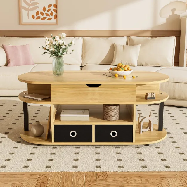 MODFU Salontafel - Hefbaar Blad En Opbergruimte - Modern - Voor Woonkamer Of Kantoor - Spaanplaat - Zwart En Houtkleur - 105 x 50 x 45/60 cm Zwart+Hout