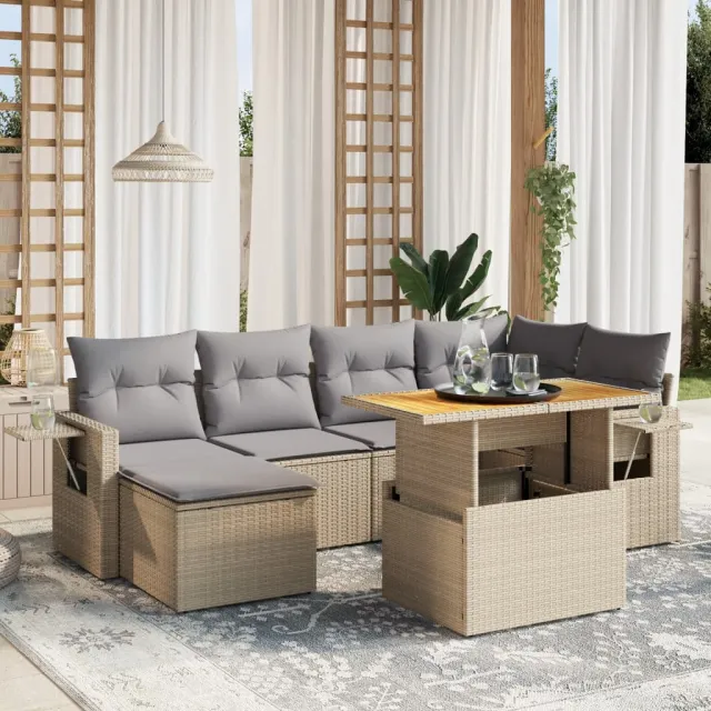vidaXL 7-delige Loungeset met kussens poly rattan beige, foto 2
