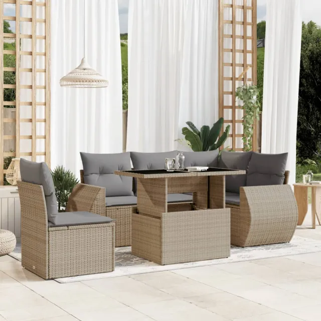 vidaXL 6-delige Loungeset met kussens poly rattan beige, foto 2