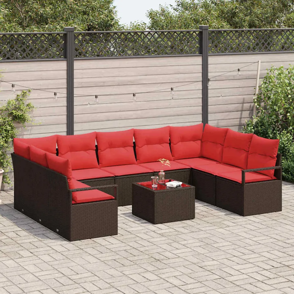 vidaXL Tuinbankenset 10 st Bruin en Rood poly rattan, foto 3