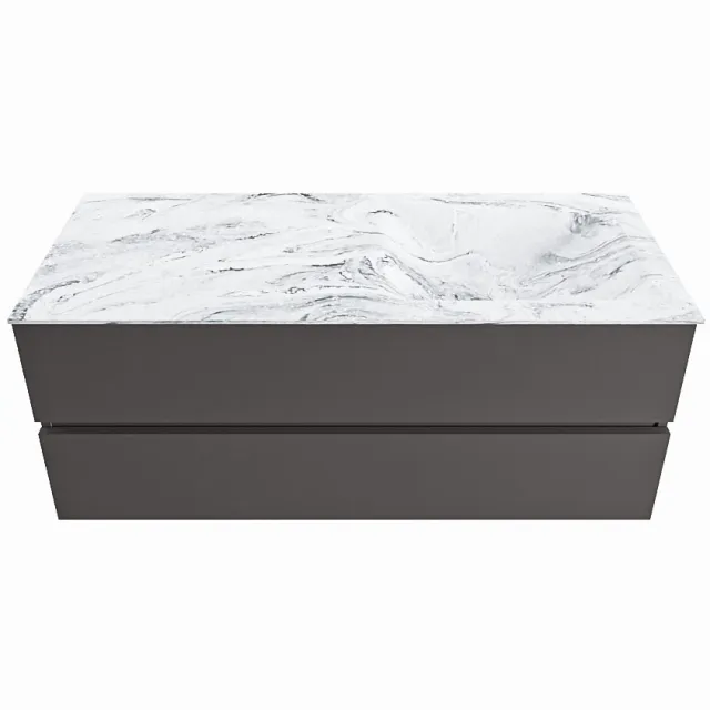 Mondiaz VICA-DLUX 120cm badmeubel onderkast Dark grey 2 lades. Inbouw wastafel CLOUD rechts zonder kraangat, kleur Glace.