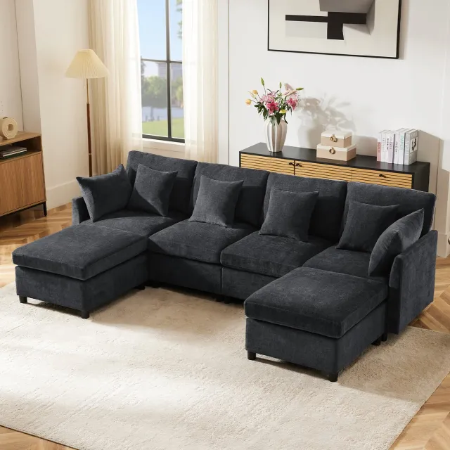 Zubaliya U Vormige Hoekbank - Modulaire Bank 4-6 Personen - Grijze Chenille Lounge Sofa Met 2 Hockers - Diepe Zitbank Voor Moderne Woonkamer grijs