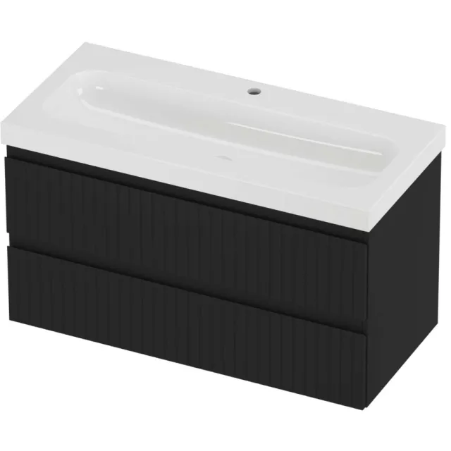 Proline Haga Badmeubelset Polystone Mezza 1 Kraangat Gefreesd 100x46x58 cm Glans Wit Mat Zwart