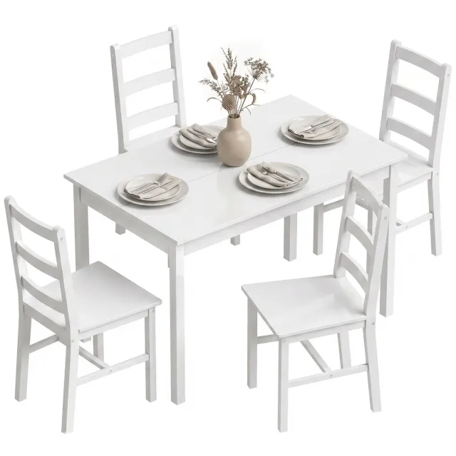 sogiol 5-Delige Eettafel met Tafel en 4 Stoelen - Massief Hout - voor kleine ruimtes - Wit