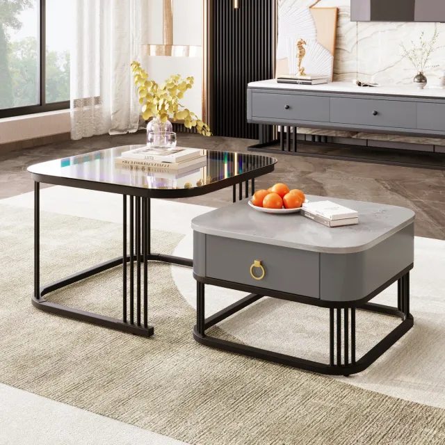 OKWISH Koffietafel - Vierkante 2 Delige Salontafel Set - Grijs Marmor Optiek Met Zwart Metalen Frame - Modern Voor Woonkamer - 60x60+50x50 cm - MDF + Metaal - Zwart en Grijs