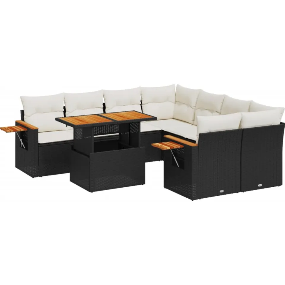 vidaXL 9-delige Loungeset met kussens poly rattan zwart