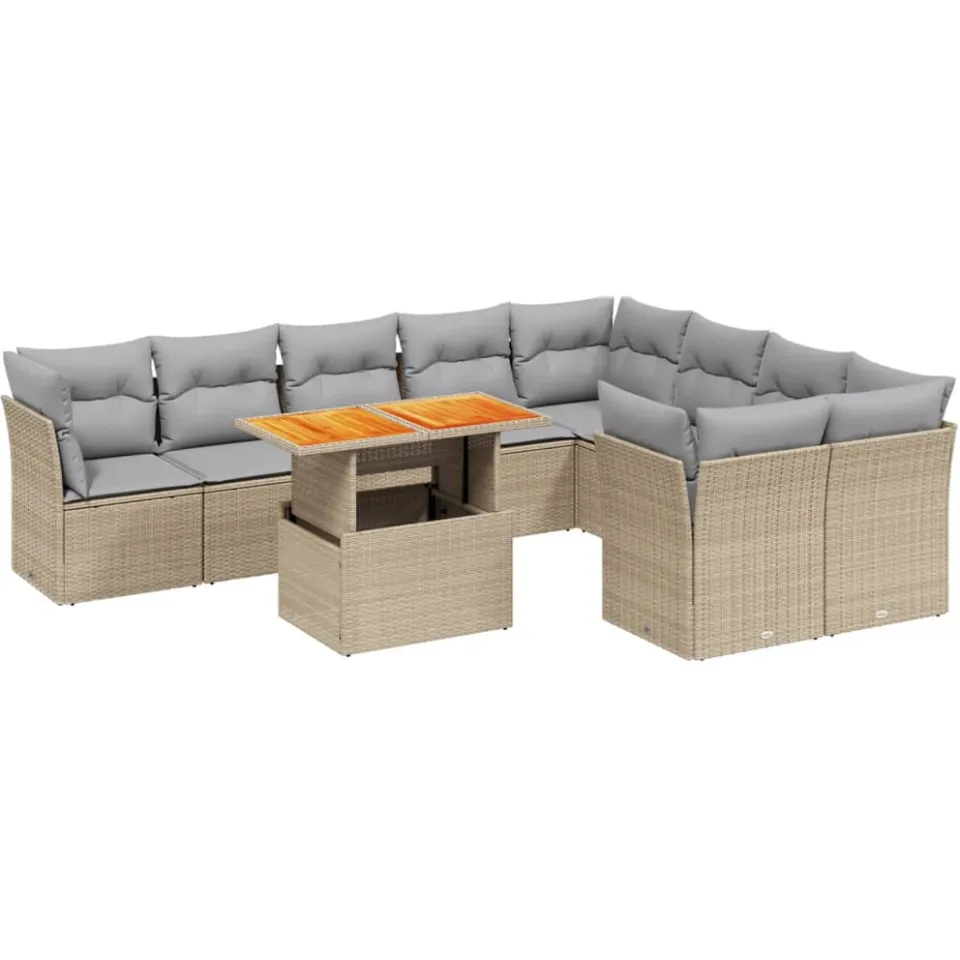 vidaXL 10-delige Loungeset met kussens poly rattan beige, foto 3