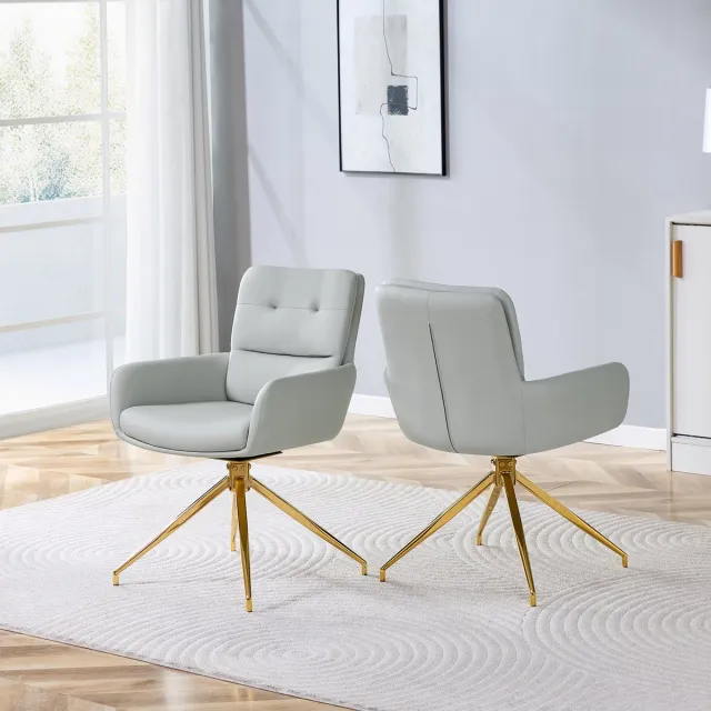 Clruro Eetkamerstoelen - 2 Stuks - 360° Draaibaar met Gouden Poten - PU en Metaal - Warmgrijs Goud, lichtgrijs