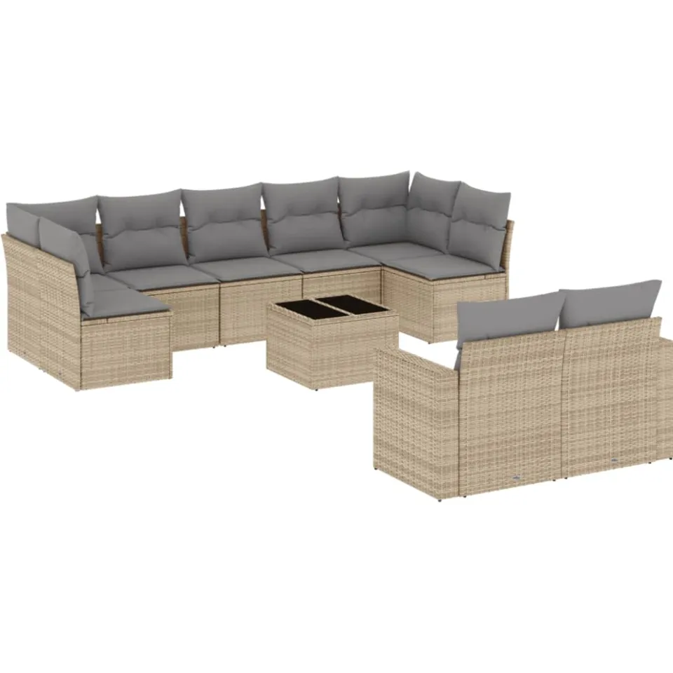 vidaXL 10-delige Loungeset met kussens poly rattan beige, foto 4