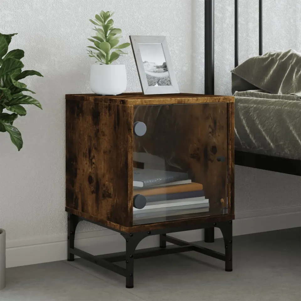 vidaXL Nachtkastjes met glazen deuren 2 st 35x37x50 cm gerookt eiken, foto 2