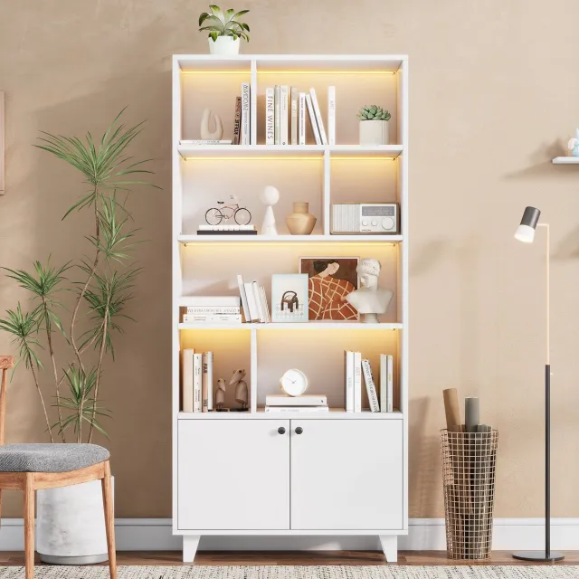 MIVRAY Boekenkast - LED Verlichting En 2 Deuren - Voor Woonkamer En Kantoor - MDF En Massief Hout - 80x30x173 Cm - Wit