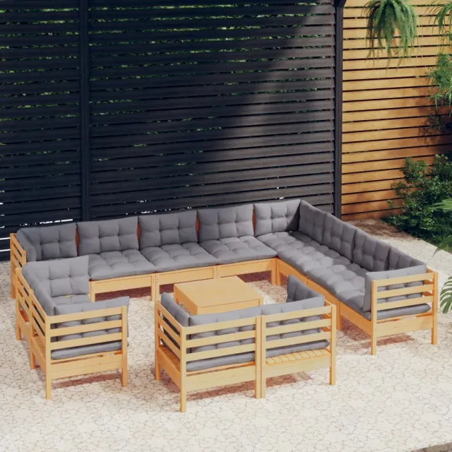 vidaXL 13-delige Loungeset met grijze kussens massief grenenhout grijs, foto 2