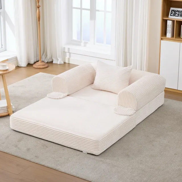 MEUNIQ 1-zits slaapbank uitklapbaar in beige corduroy, met kussen, voor woonkamer, slaapkamer of logeerkamer