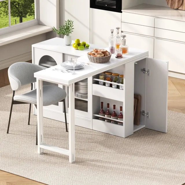 Wishdor Eettafel 121.5×40×76.7 cm van MDF, wit, uitschuifbaar en draaibaar 360° met opbergruimte