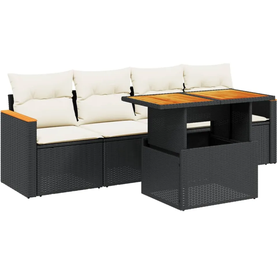 vidaXL 5-delige Loungeset met kussens poly rattan zwart