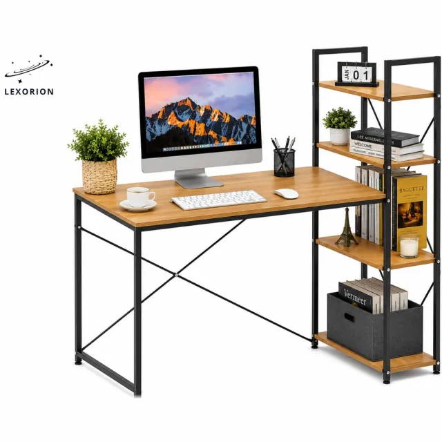 Lexorion UrbanRack - Industrieel Computerbureau - 120x60 cm - Houtlook Werkblad - Met Opbergrek Natuurlijk Hout