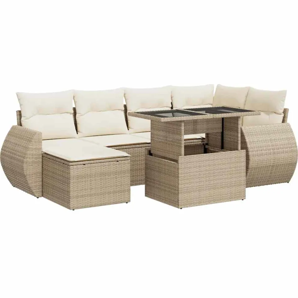 vidaXL 7-delige Loungeset met kussens poly rattan beige, foto 3