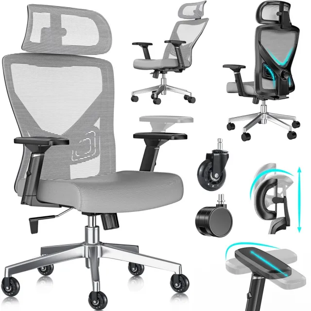 Kesser Bureaustoel Ergonomisch met Hoofdsteun en Lendensteun - Bureaustoelen voor Volwassenen, Verstelbare Armleuningen en Rugleuning - Oranje/Zilver Oranje / Zilver