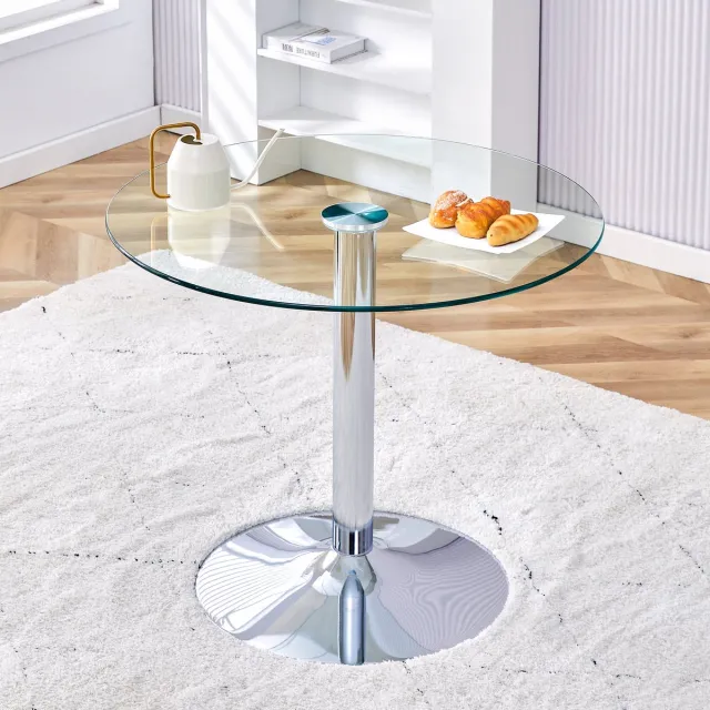 STILVORA Eettafel - Ronde Glazen Tafel Met Zilveren Metalen Voet - Voor Eethoek En Koffiebar - Glas En Metaal - 85x76 Cm - Zilver