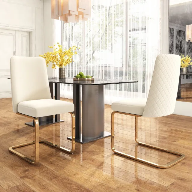 Zubaliya Eetkamerstoel 2 Delig - Velvet Stoel Met Diamant Rugleuning En Gouden Metalen Poten Beige